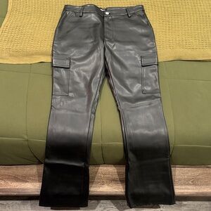 Finest Faux Leather Cargo Slim Flare Pants - Black
